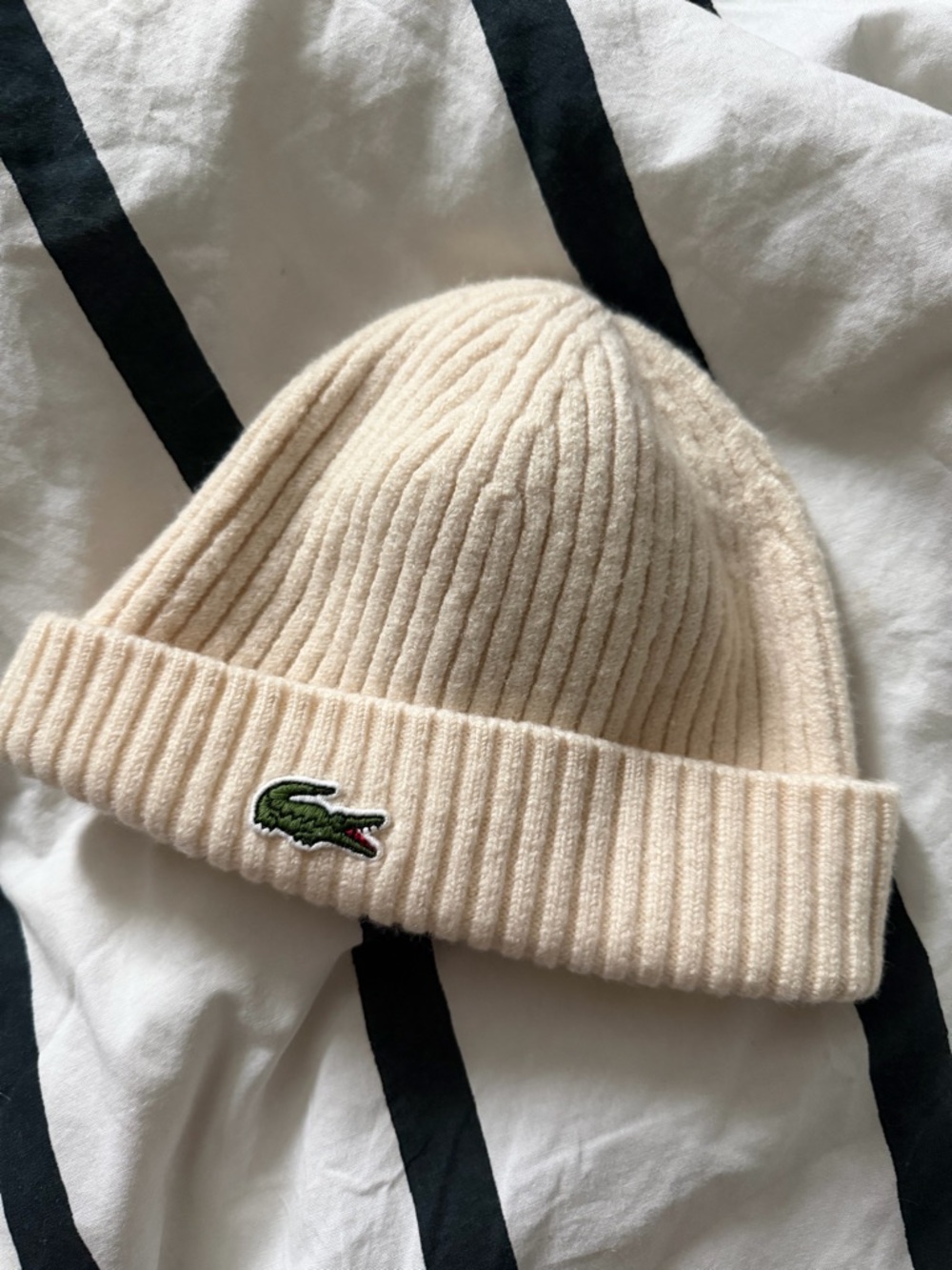 Lacoste Cream Rib Knit Beanie with Green Crocodile Patch